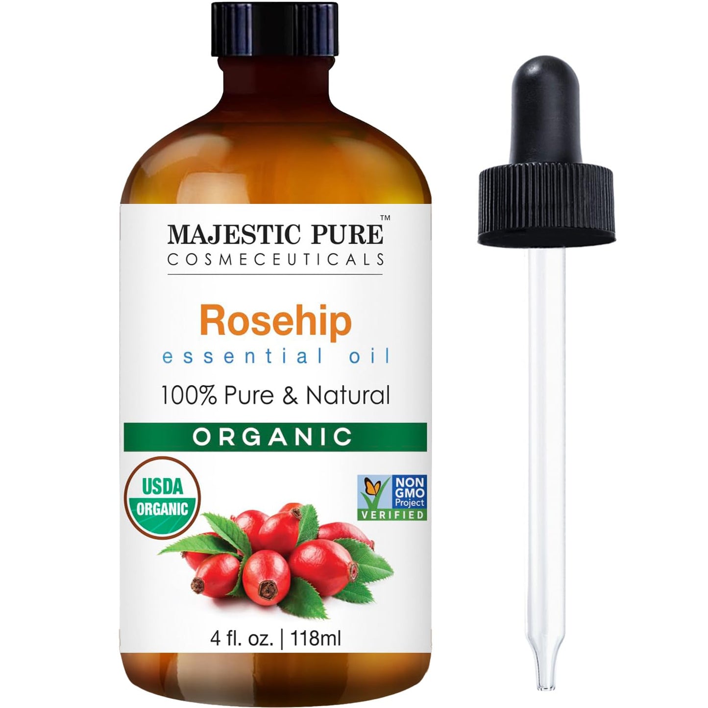 MAJESTIC PURE Organic Rosehip Oil | USDA Organic Oil Rose Hip for Face, Skin, Hair & Massage | Acne Scars & Facial Oil | For Women & Men | 4fl oz