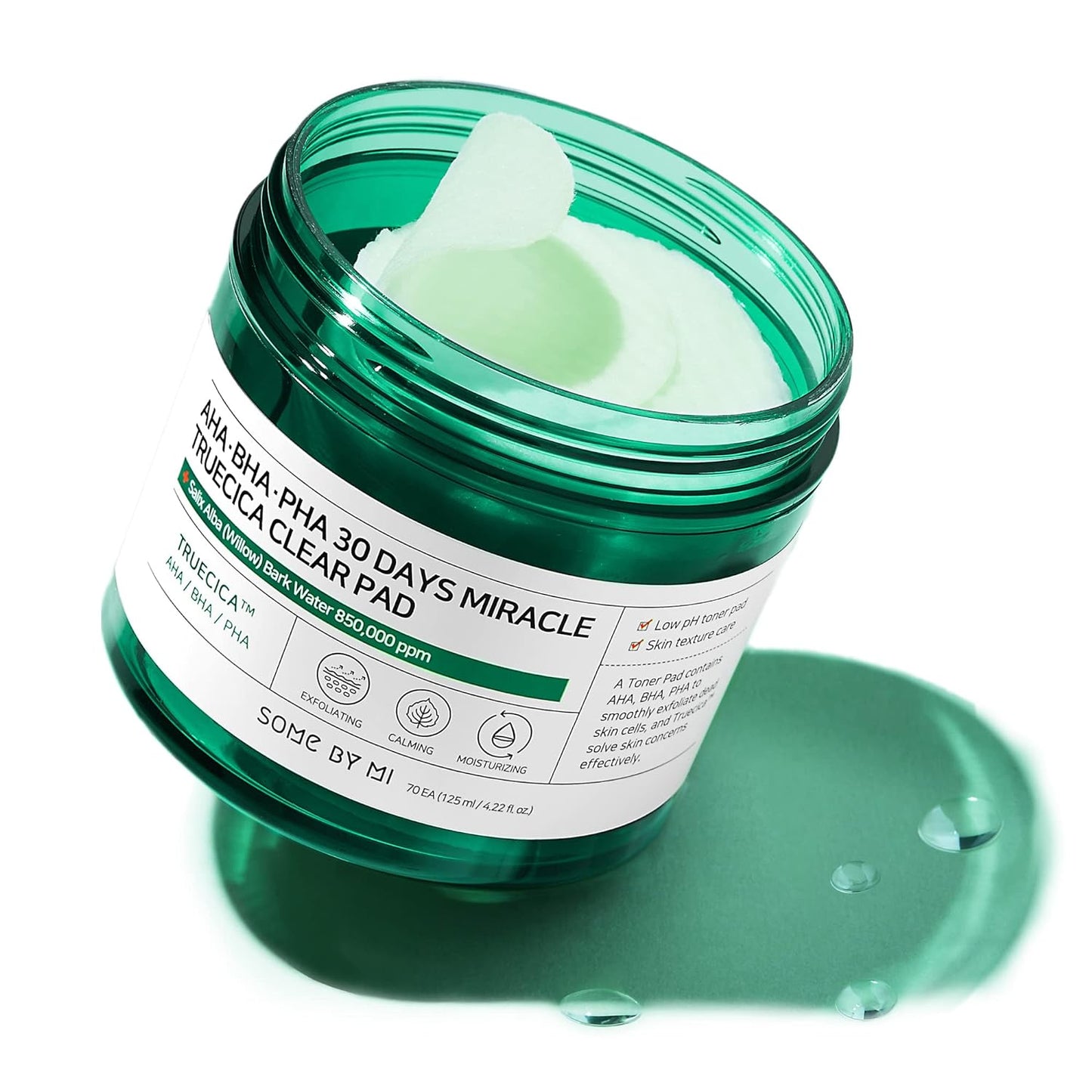 SOME BY MI AHA BHA PHA 30 Days Miracle Truecica Clear Pad - 70 Pads, 4.22Oz, 125ml - Mild Exfoliating Face Toner Pad for Sensitive Skin - Acne Care, Remove Dead Cells and Wastes - Korean Skin Care