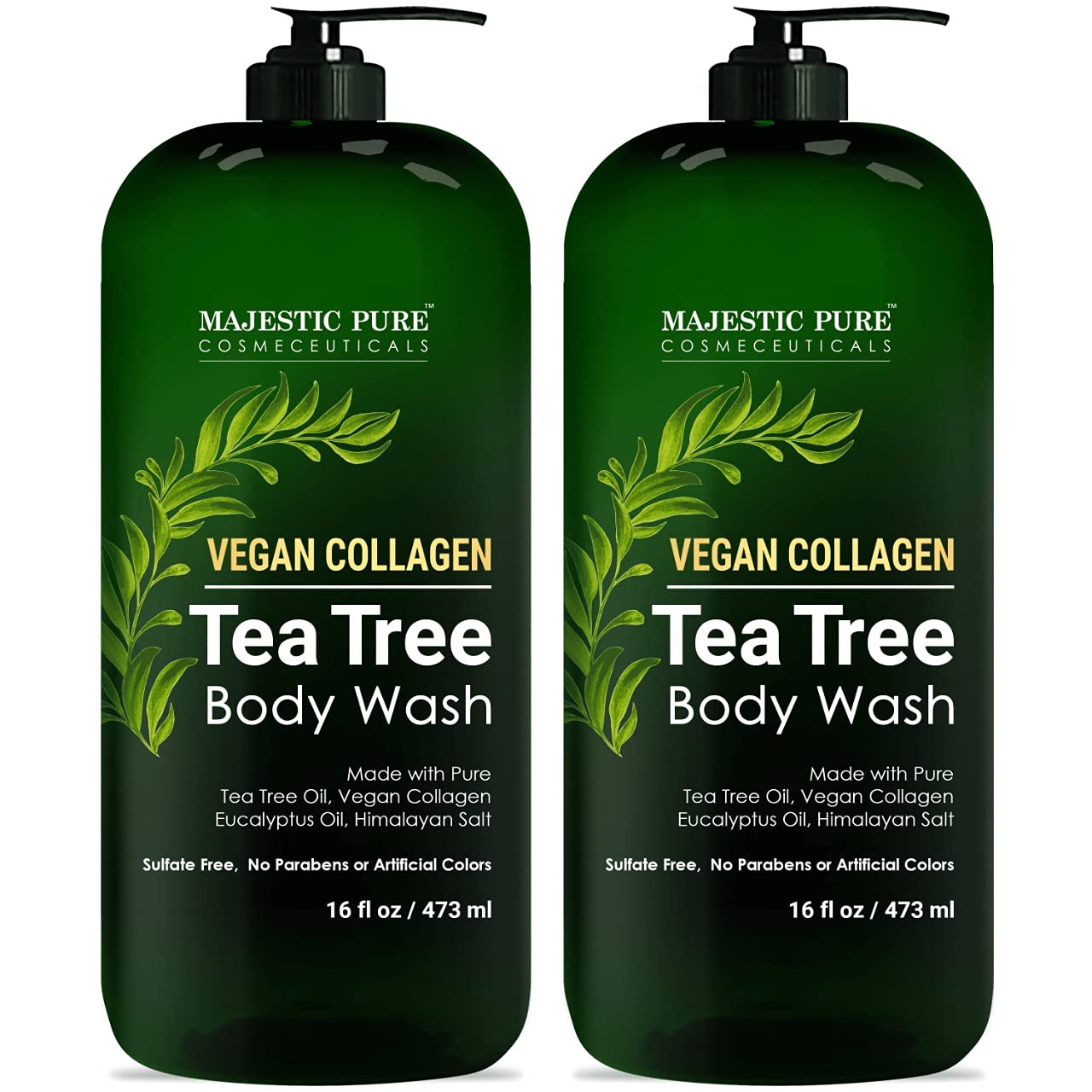 MAJESTIC PURE Tea Tree Body Wash with Collagen - Helps Nail Fungus, Athletes Foot, Ringworms, Jock Itch, Acne, Eczema & Body Odor - Soothes Itching - (Packaging May Vary), Set of 2, 16 fl oz