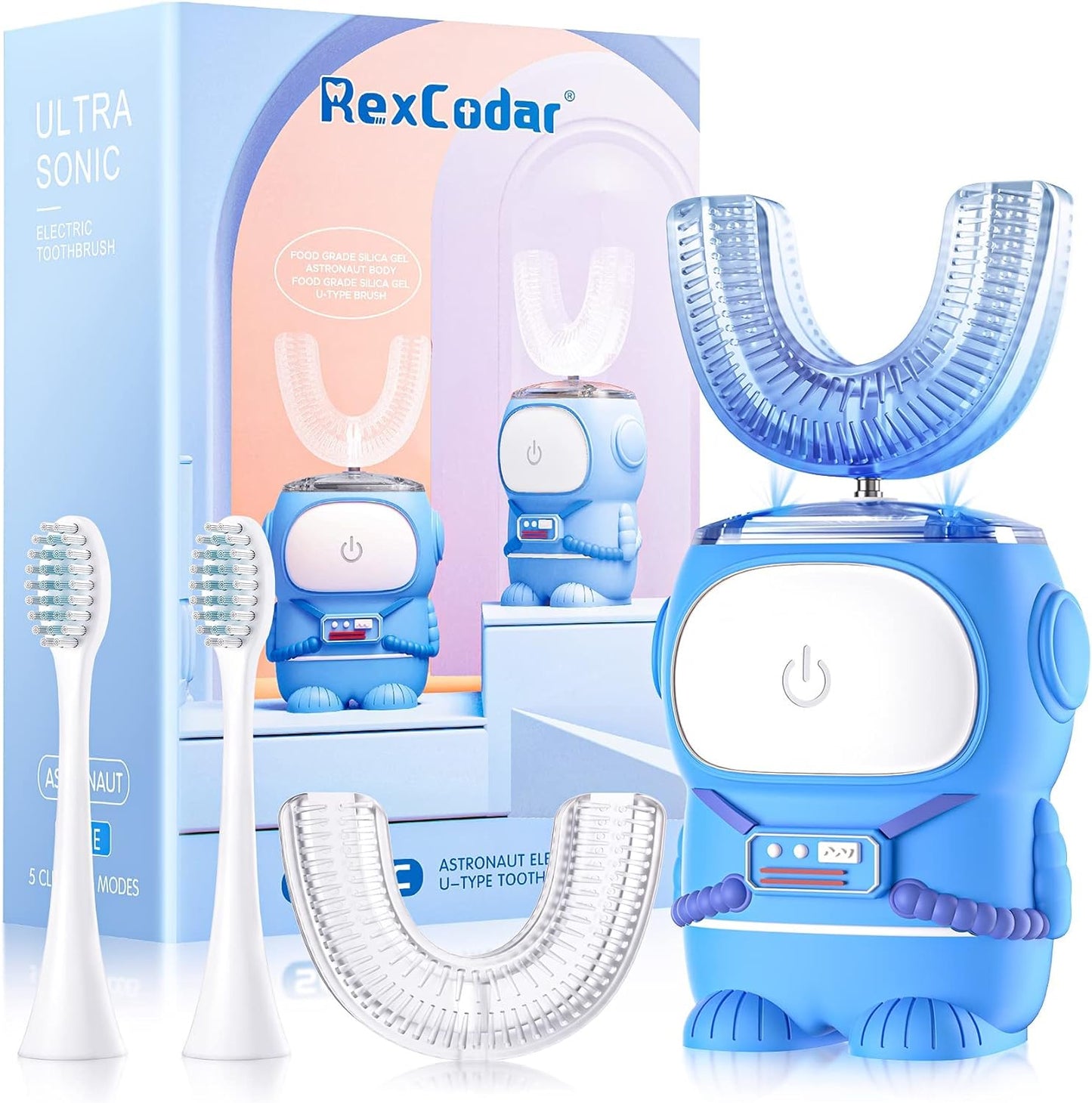 RexCodar Ultrasonic Kid's U-Shaped Electric Toothbrush, IPX7 Waterproof, Five Cleaning Modes, 60S Smart Reminder Cartoon Astronaut Design (Blue Ages 6-12)
