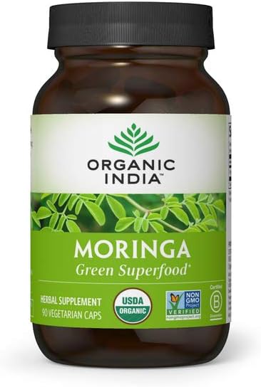 ORGANIC INDIA Moringa Herbal Supplement - Green Superfood, Nutrient Dense, Pure Plant Protein, Vitamin A, E, K, Iron, Calcium, Fiber, Vegan, Gluten-Free, USDA Certified Organic - 90 Capsules