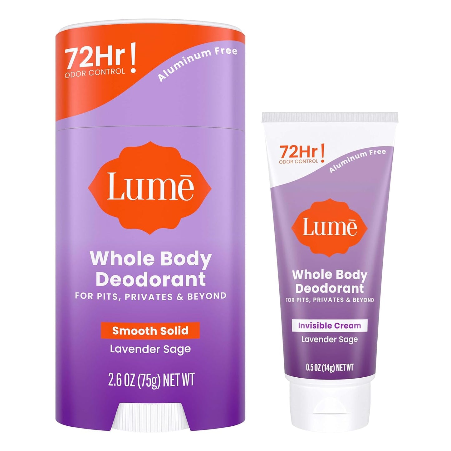 Lume Whole Body Deodorant - Invisible Cream Tube Mini and Solid Stick - 72 Hour Odor Control - Aluminum Free, Baking Soda Free, Skin Safe - 0.5 Oz Mini Tube + 2.6 Oz Solid Stick (Lavender Sage)