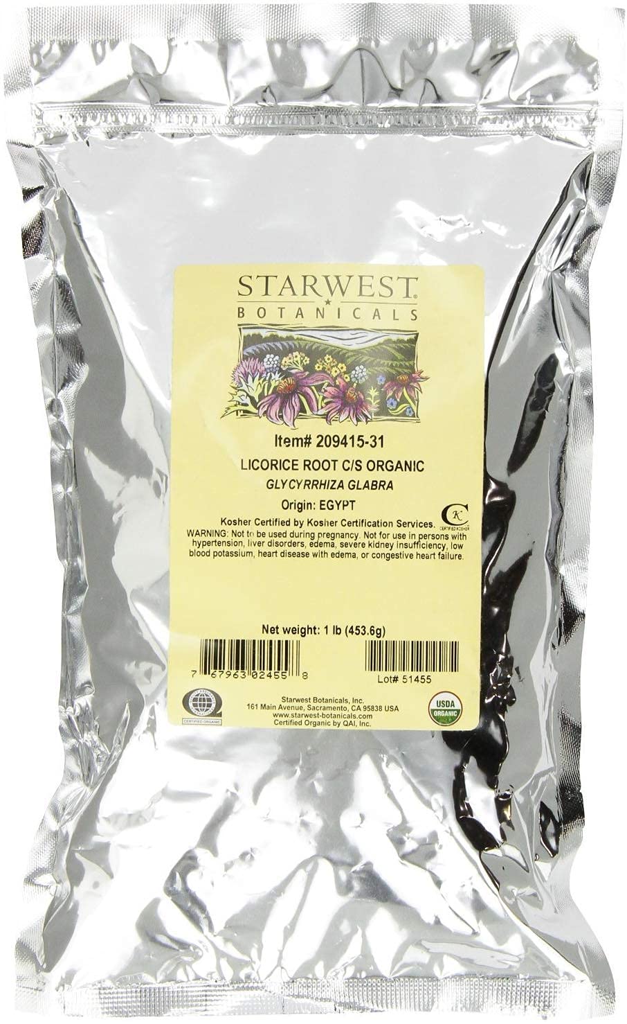 Starwest Botanicals Organic Licorice Root Loose Cut and Sifted, 1 Pound Bulk Bag