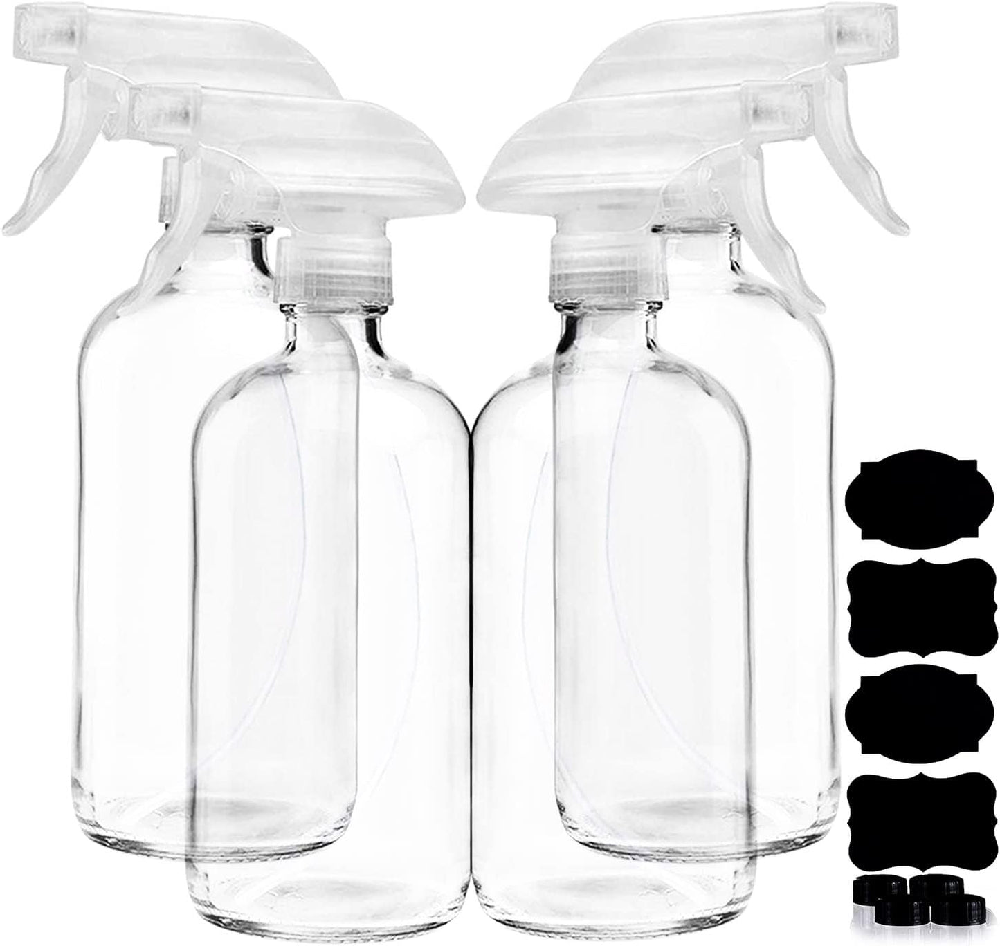 Clear Glass Spray Bottles For Cleaning Solutions (4 Pack) - 16 Ounce, Refillable Sprayer for Essential Oil, Water, Kitchen, Hair. Durable Black Trigger Sprayer w/Mist and Stream Settings (Clear)