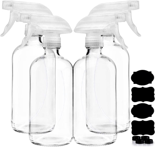 Clear Glass Spray Bottles For Cleaning Solutions (4 Pack) - 16 Ounce, Refillable Sprayer for Essential Oil, Water, Kitchen, Hair. Durable Black Trigger Sprayer w/Mist and Stream Settings (Clear)