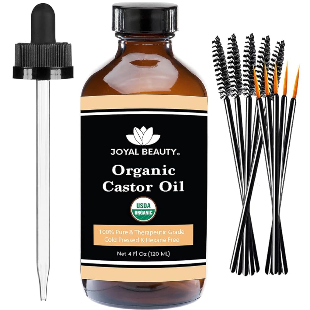 JOYAL BEAUTY Castor Oil USDA Certified Organic. 100% Pure Cold Pressed Unrefined Hexane Free Glass Bottle. Hair Eyelashes Eyebrows Lash Serum. For Face, Skin, Body, Belly Button. Free Mascara. 4OZ