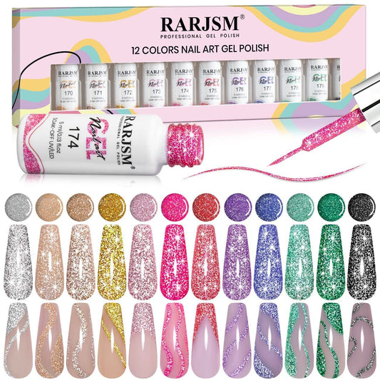 RARJSM Reflective Glitter Nail Art Gel Liner Flash Diamond Painted Polish 12 Colors 5ml Sparkle Silver Brown Hot Pink Green Black Pigment UV LED Soak off Curing Requires for Design