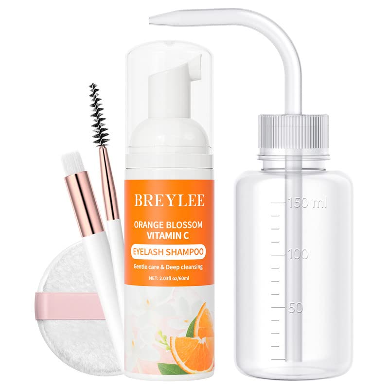 Eyelash Extension Cleanser, BREYLEE Lash Shampoo for Extensions, Lash Cleanser, Lash Bath, Lash Cleaner, Lash Cleaning Kit with Rinse Bottle+Brush+Pad for Professional & Self