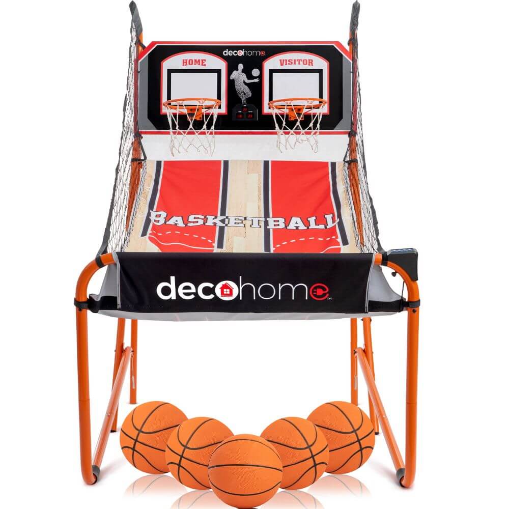 Deco Home Arcade Basketball Game with Dual Rim Backboard, Electronic LED Scoreboard with 8 Game Modes, 5 Balls, Air Pump, Folds for Easy Storage