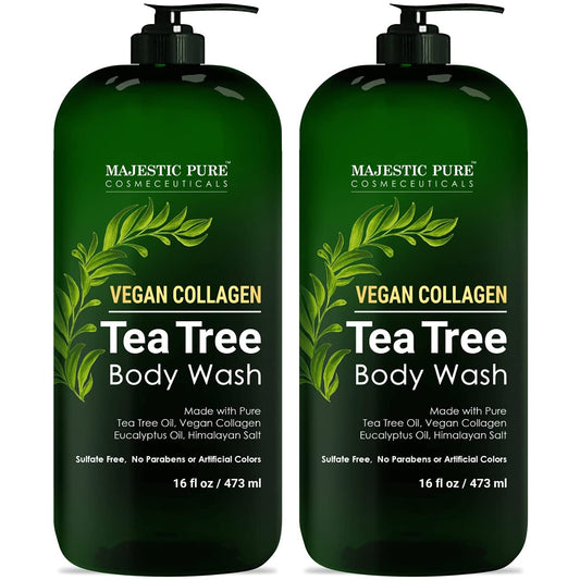 MAJESTIC PURE Tea Tree Body Wash with Collagen - Helps Nail Fungus, Athletes Foot, Ringworms, Jock Itch, Acne, Eczema & Body Odor - Soothes Itching - (Packaging May Vary), Set of 2, 16 fl oz