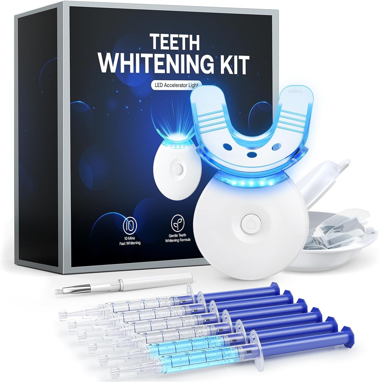 Teeth Whitening Kit, LED Teeth Whitening Light with 6 X 3ml Carbamide Peroxide Teeth Whitening Gel, Included 2 Mouth Trays & Tray Case and Brush, Safe Enamel, Fast and Gentle Teeth Whitening