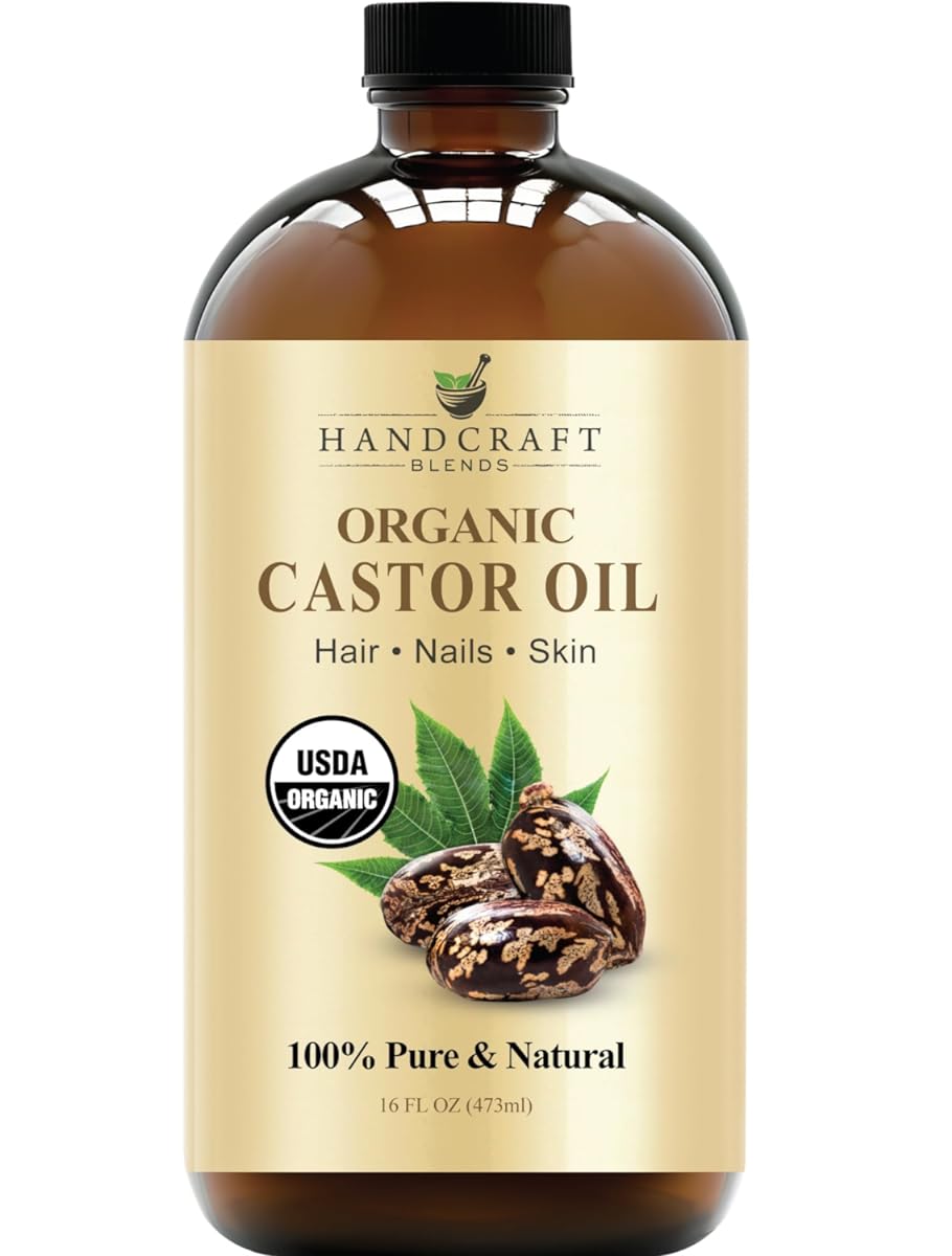 Handcraft Blends Organic Castor Oil in Glass Bottle for Hair Growth, Eyelashes & Eyebrows - 100% Pure and Natural Carrier Oil, Hair & Body Oil - Moisturizing Massage Oil for Aromatherapy - 16 fl. Oz