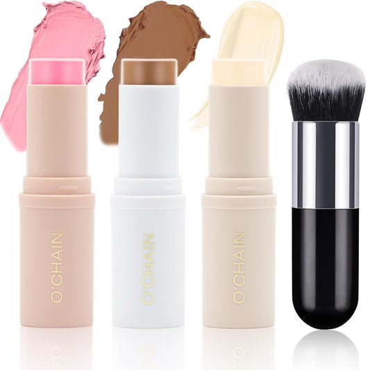 Contour Stick Makeup Set, Face Blush Highlighter Bronzer Wand Trio, Cream Contouring Collection for Cheeks, Lips and Eyes Blendable Multi Shades Pen Sculpt Create a Lightweight Dewy Finish, A