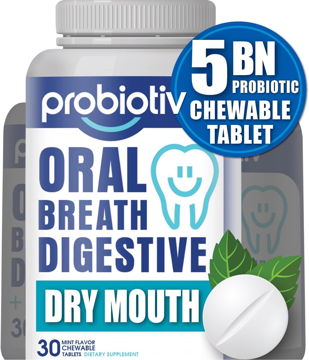 Probiotiv Oral Probiotics for Mouth Bad Breath w/ 5 Billion CFU Ð ÒTwo-in-One ComboÓ Chewable Dental Probiotics for Teeth & Gums Health/Dry Mouth & Combat Daily Bloating Ð 30 Mint Tablets