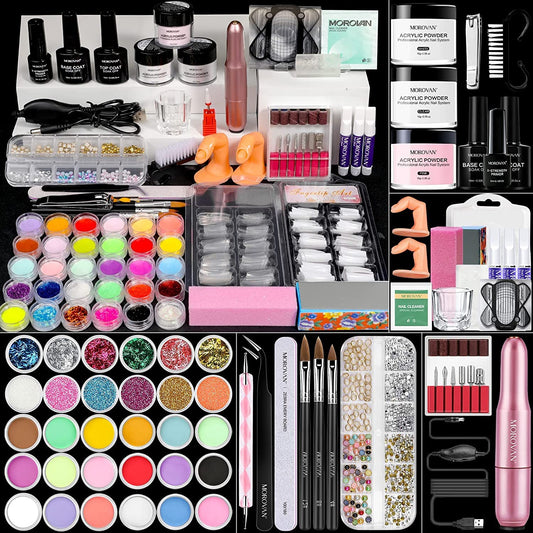 Morovan Acrylic Nail Kit with Drill - Professional Nail Kit Acrylic Set with Everything for Beginners Glitter Acrylic Powder for Nail Extension DIY Complete Starter Set