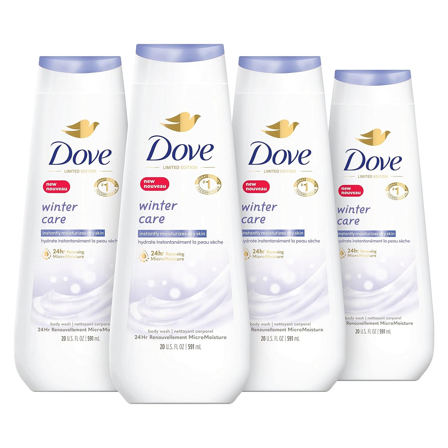 Dove Limited Edition Body Wash Winter Care 4 Count for Renewed, Healthy-Looking Skin with 24hr Renewing MicroMoisture Gentle Skin Cleanser Instantly Moisturizes Dry Skin 20 oz