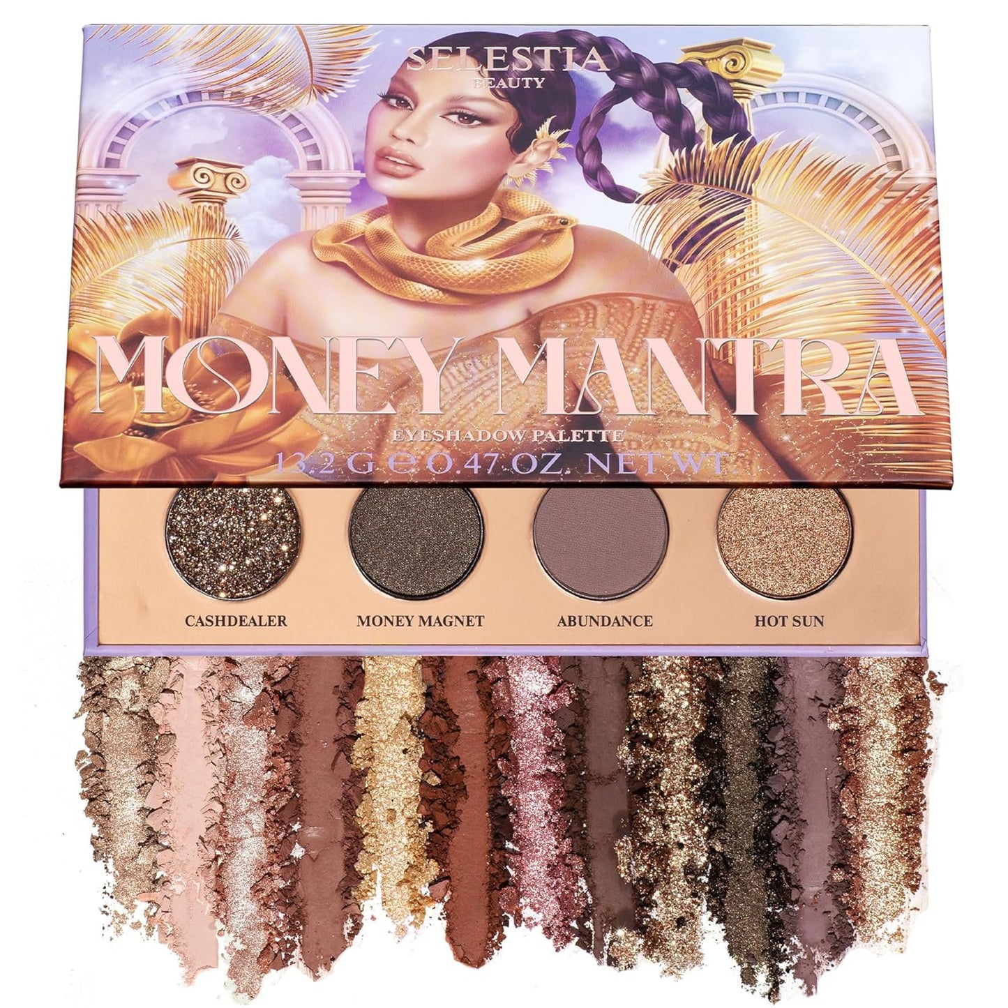 SELESTIA BEAUTY Makeup Eyeshadow Palette Money Mantra - 12 Blendable Shades with Matte, Satin, Shimmer and Glitter Finishes - High Pigmented Eye Shadow Palette, 0.47 oz - Valentine's Day Gifts