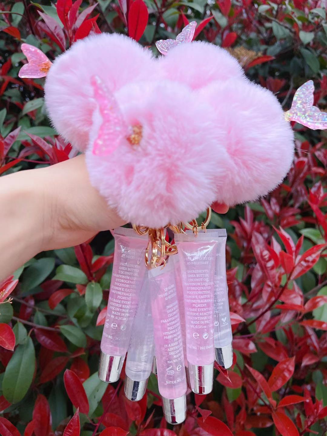 Pompom Fruit Vegan Glitter Flower Natural Keychain Lip Gloss
