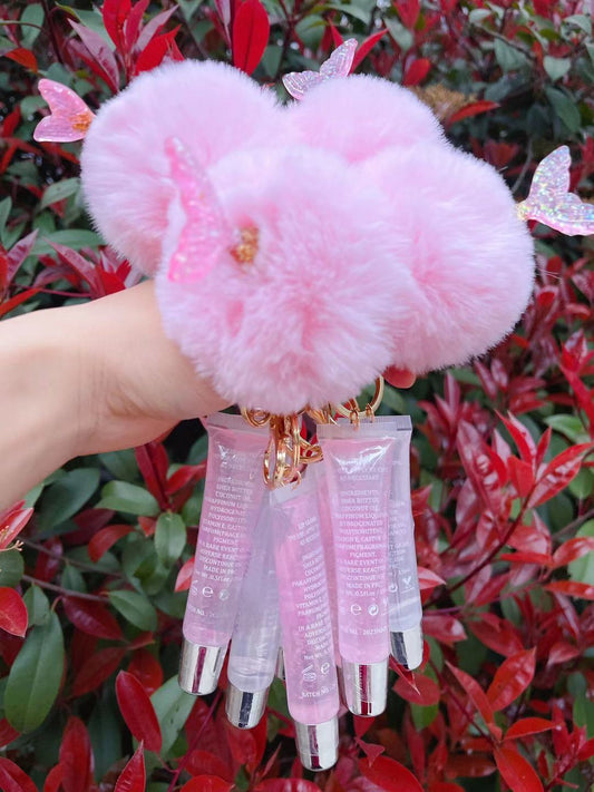 Pompom Fruit Vegan Glitter Flower Natural Keychain Lip Gloss