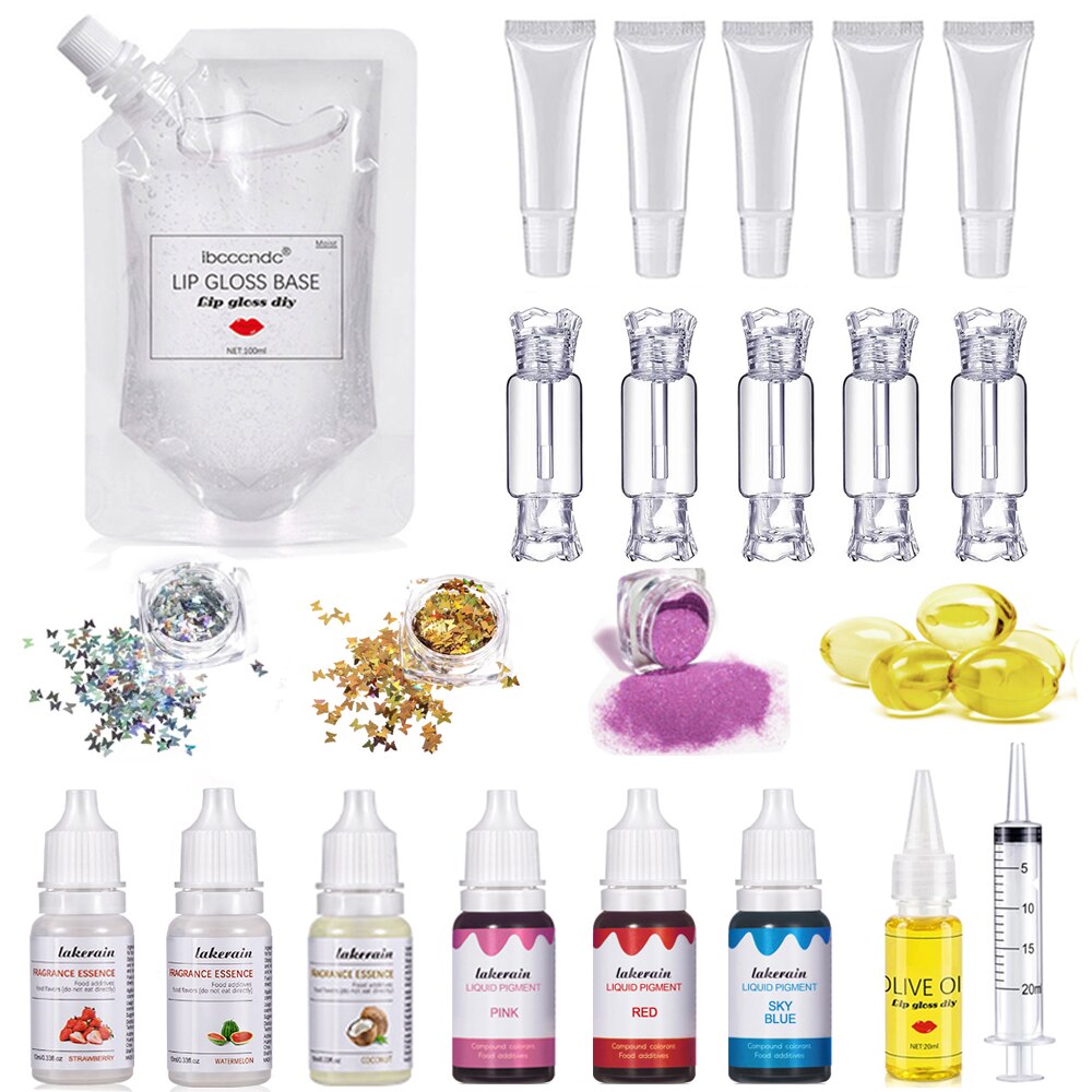 DIY Lip Gloss Kit Moisturizing Clear Lip Gloss Base Gel 100ml with Lip gloss Tubes Pigment Powder Glitter Flavor Essence Oils