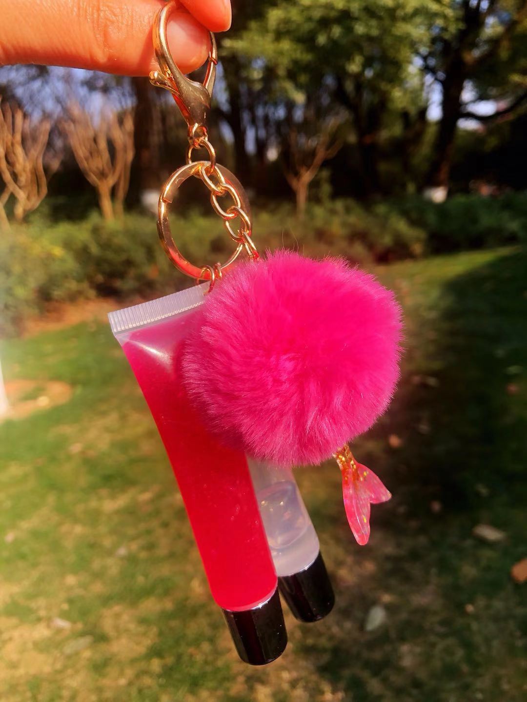 Pompom Fruit Vegan Glitter Flower Natural Keychain Lip Gloss