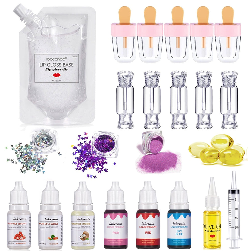 DIY Lip Gloss Kit Moisturizing Clear Lip Gloss Base Gel 100ml with Lip gloss Tubes Pigment Powder Glitter Flavor Essence Oils