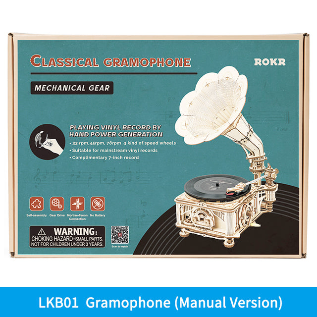 Robotime ROKR Hand Crank Classic Gramophone DIY Wooden Puzzle Model