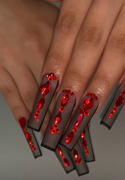 Red and Clear Black Bling Press On Nails
